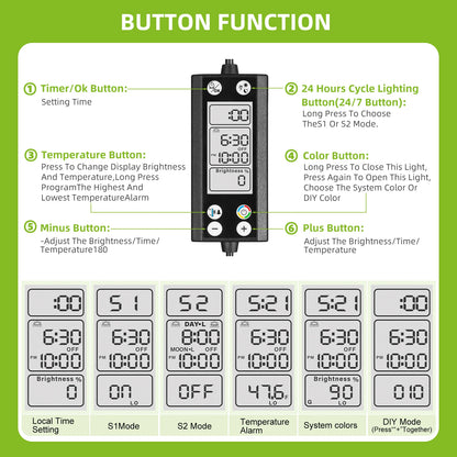 Programmable Fish Tank aquarium Light with LCD Monitor and Thermometer for Aquatic Plants, Memory Function 24/7 Cycle LED lamp