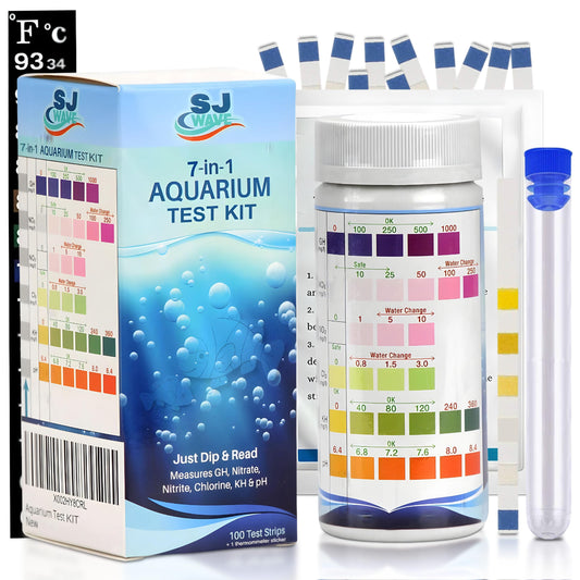 Aquarium Water Test Kit – 7 in 1 Fish Tank Water Testing Kit & eBook – Contains 100 Aquarium Test Strips & 1 Fish Tank Thermometer - Aquarium Test Kit Freshwater - Pond Water Test Kit