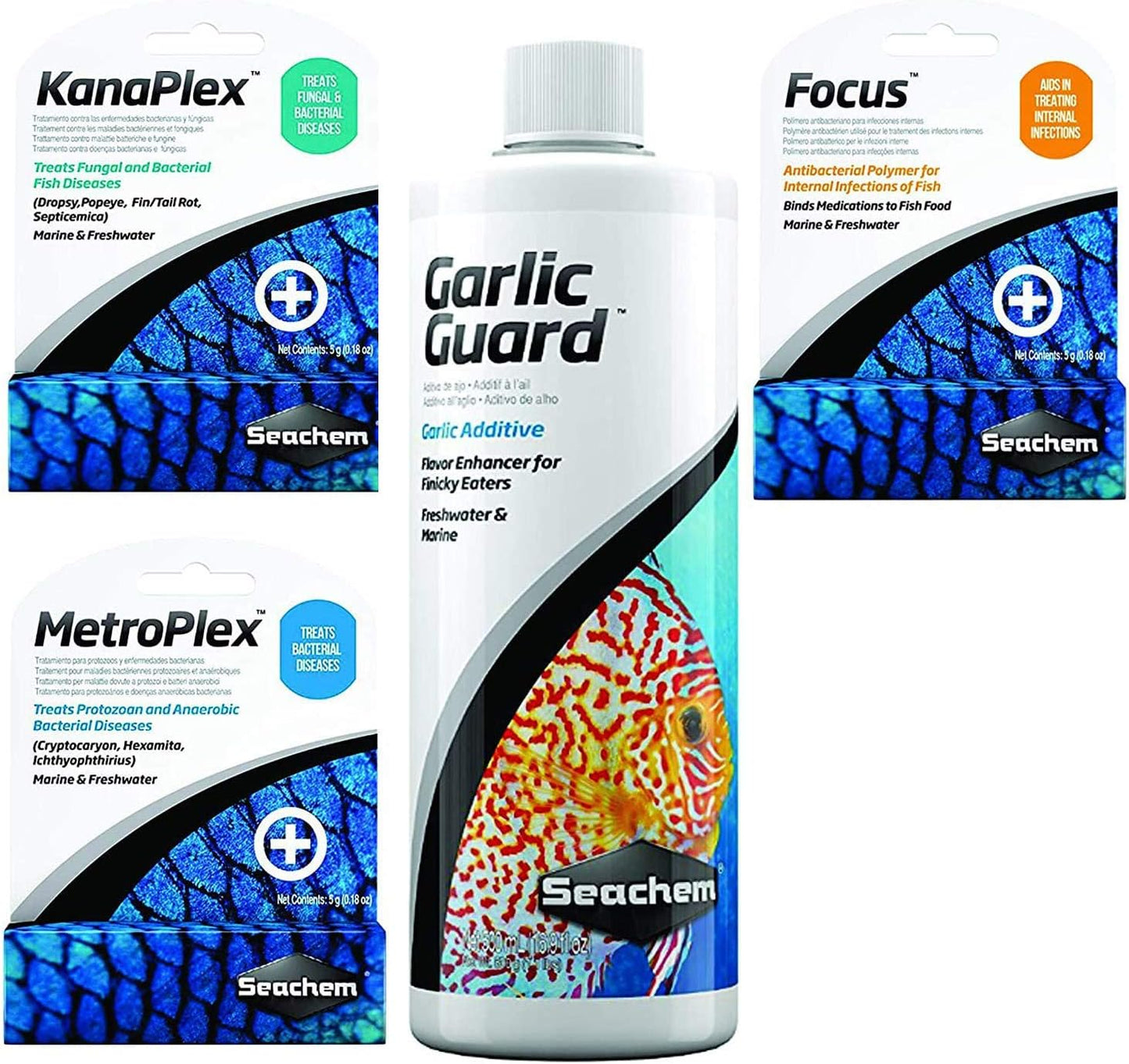 Ultimate Seachem Aquarium Treatment Bundle Pack - Metroplex, Kanaplex, Focus, Garlic Guard - All In One Aquarium Treatment