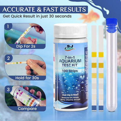 Aquarium Water Test Kit – 7 in 1 Fish Tank Water Testing Kit & eBook – Contains 100 Aquarium Test Strips & 1 Fish Tank Thermometer - Aquarium Test Kit Freshwater - Pond Water Test Kit