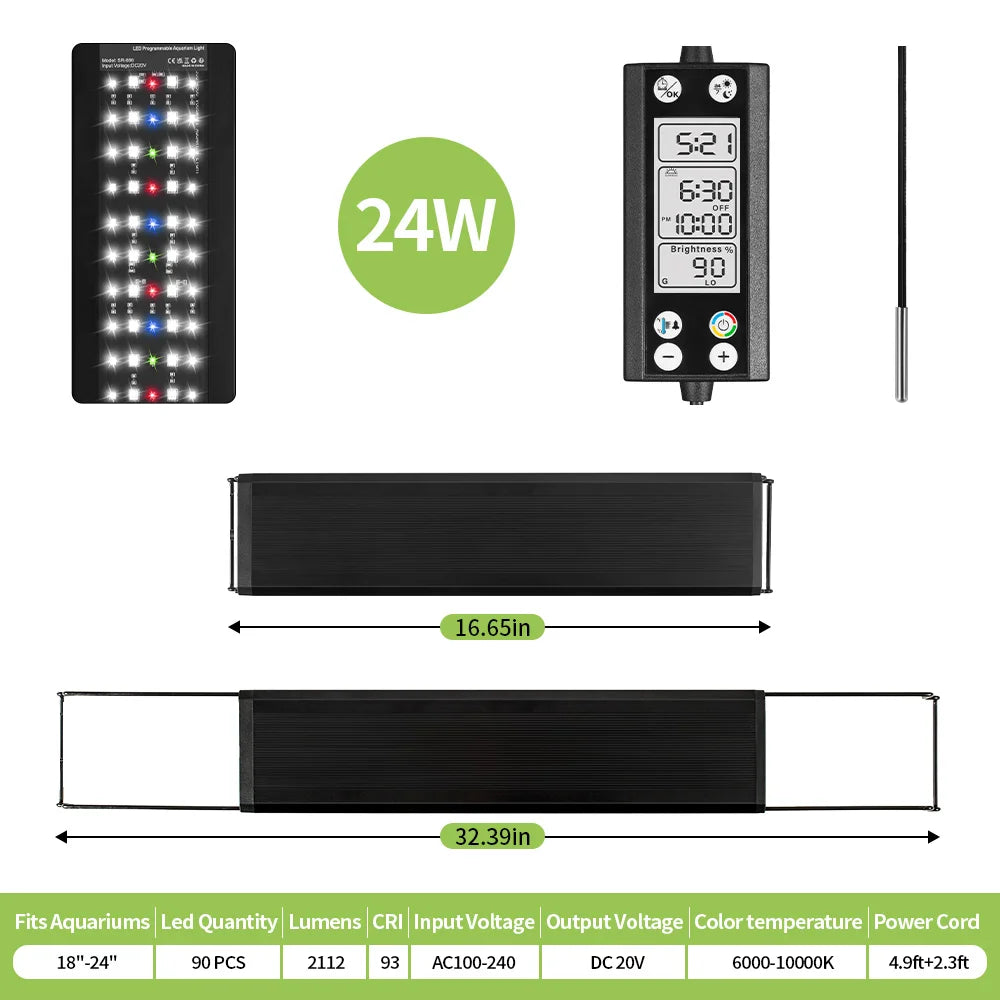 Programmable Fish Tank aquarium Light with LCD Monitor and Thermometer for Aquatic Plants, Memory Function 24/7 Cycle LED lamp