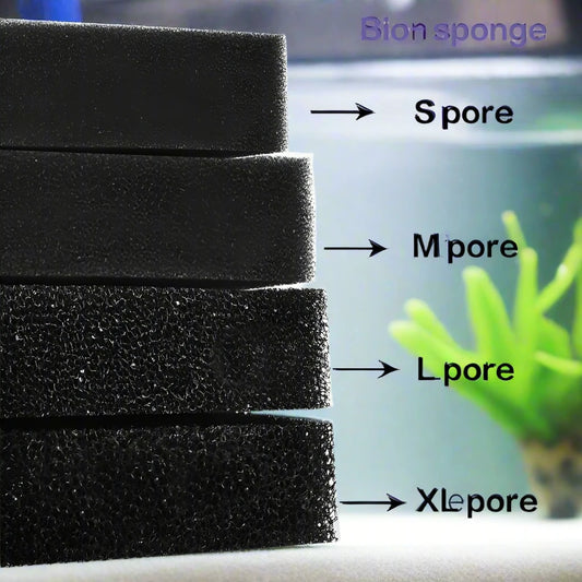 Aquarium Filter Bio. Sponge in Small, Medium, Large, and Extra Large sizes. Biochemical cotton foam filter for fish tanks and ponds. Available in black and various sizes.