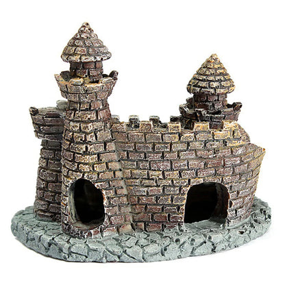 Resin castle ornament for aquariums, inspired by the Stone Island theme, designed for fish tanks.