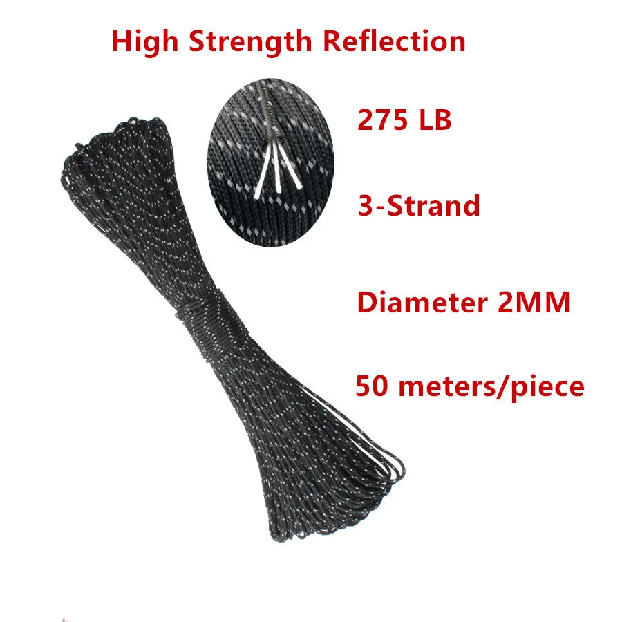 2mm Reflective Paracord with 3 Strand Core - Versatile Outdoor Camping Rope for Tent, Lanyard, and Parachute Use.