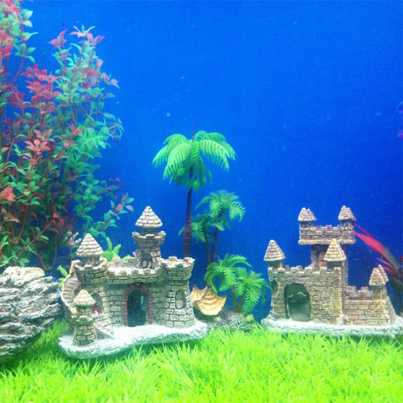 Resin castle ornament for aquariums, inspired by the Stone Island theme, designed for fish tanks.