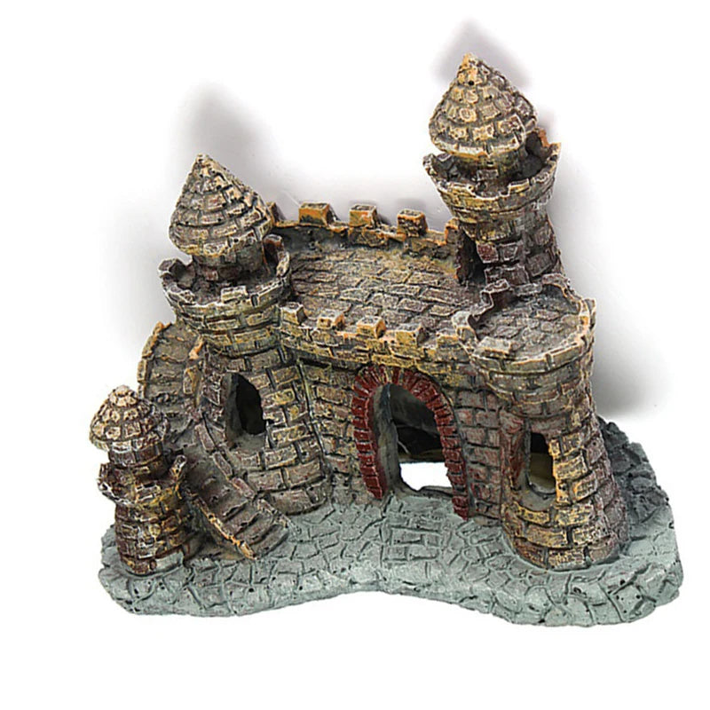 Resin castle ornament for aquariums, inspired by the Stone Island theme, designed for fish tanks.