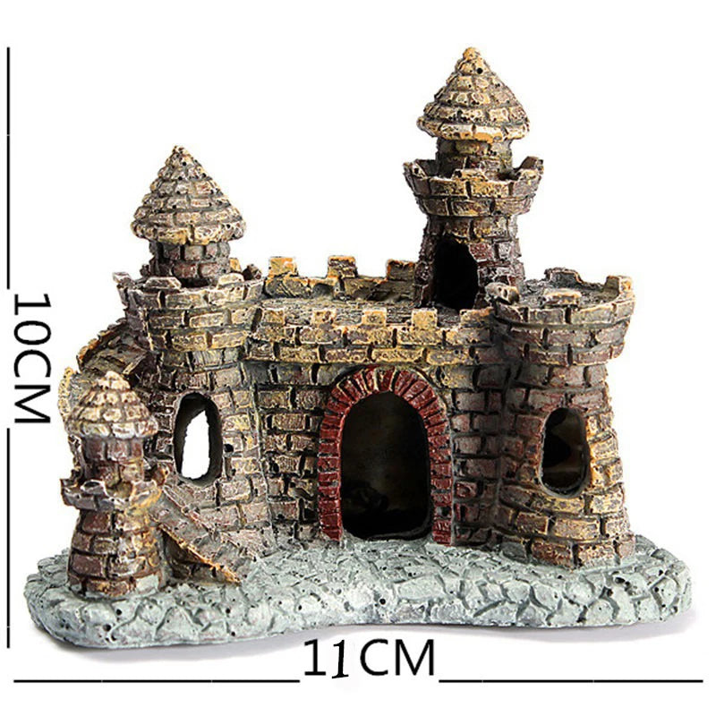 Resin castle ornament for aquariums, inspired by the Stone Island theme, designed for fish tanks.