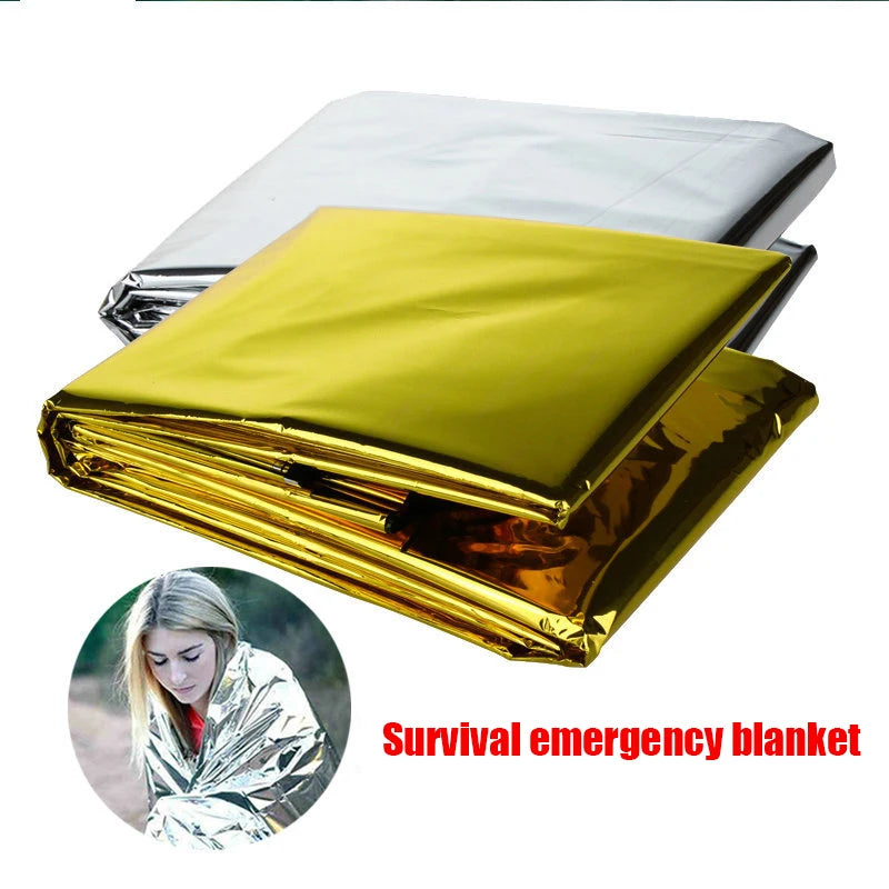 Outdoor Emergency Survival First Aid Rescue Kit featuring a Windproof, Waterproof Thermal Foil Blanket ideal for Camping and Hiking.