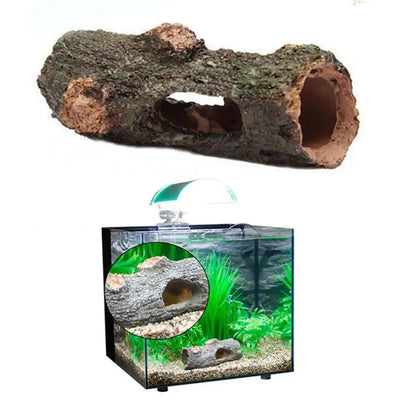 Hollow tree tunnel cave ornament for aquariums, providing hiding spots for shrimp and turtles. Perfect decoration for pools, lakes, ponds, and fish tanks.