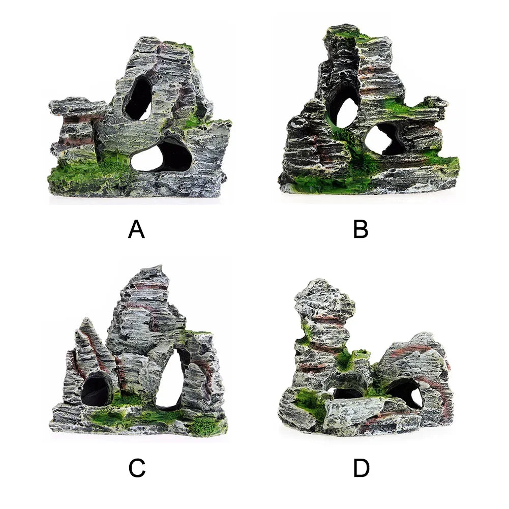 Resin aquarium decoration featuring artificial moss, a cave, and a mountain view, perfect for an underwater fish tank or living room landscaping.