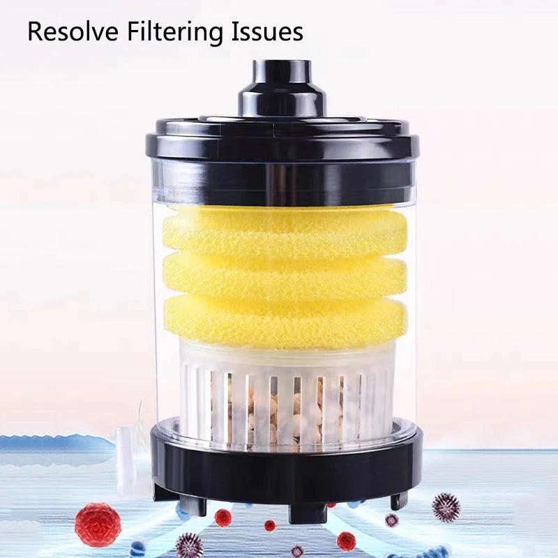 Fish tank waste collector with suction filter, sponge media, and oxygen-boosting balls for aquarium use.