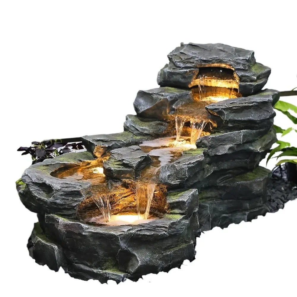 37" Tall Outdoor Garden Water Fountain, Free-Standing Tiered Rock Waterfall with LED Lighting.