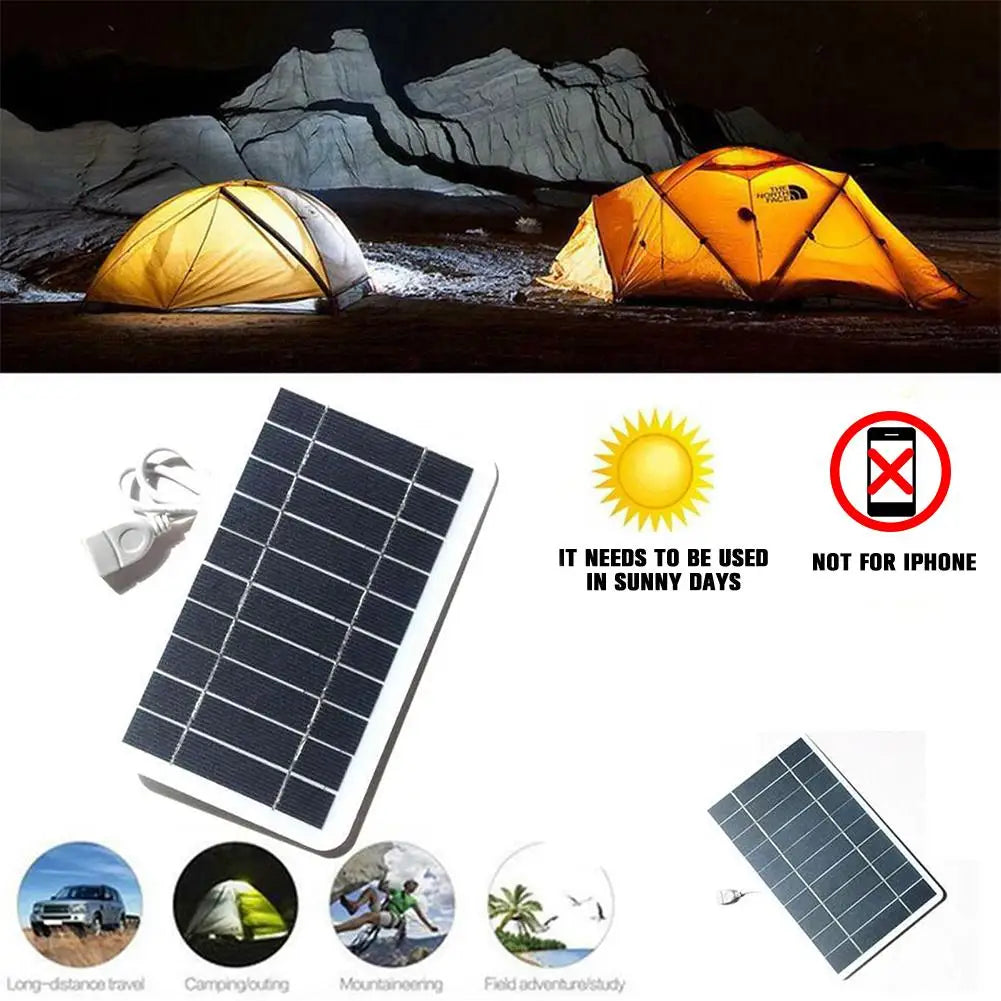 5V 2W Portable Solar Panel with USB for Safe Charging. Ideal for charging power banks and phones while camping or at home.