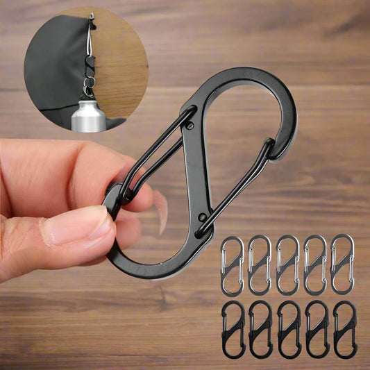 5-piece set of aluminum alloy carabiner clips for camping, hiking, and tactical use. Ideal for keychains and securing ropes.