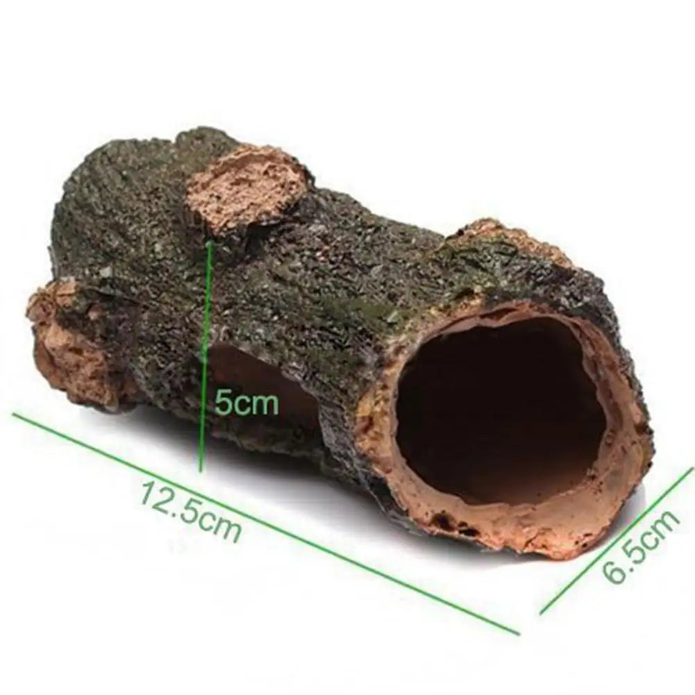 Hollow tree tunnel cave ornament for aquariums, providing hiding spots for shrimp and turtles. Perfect decoration for pools, lakes, ponds, and fish tanks.