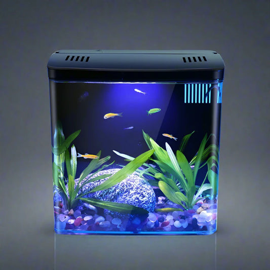 Small fish tank for home with a built-in filter, lights, and wave pumps. Comes as a complete set.