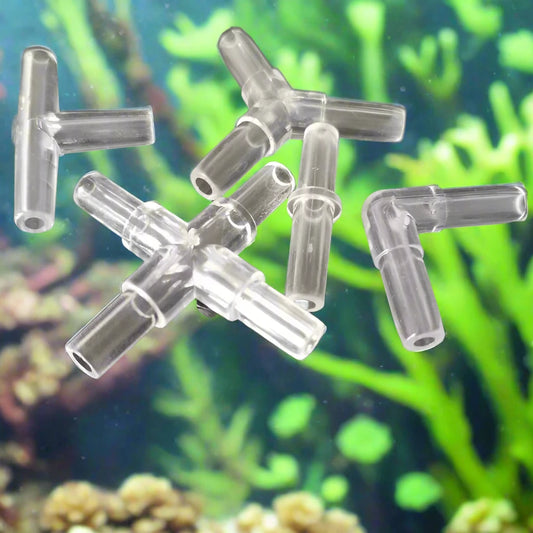 10 pieces of 4mm plastic aquarium airline tubing connectors, including inline valves, hose joints, tees, crosses, elbows, and Y-shaped accessories for air pumps.