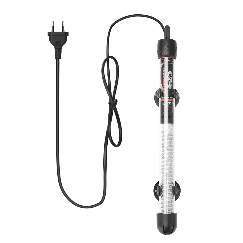 Submersible fish tank heater available in 25W, 50W, 100W, 200W, and 300W. This essential heating rod maintains a constant temperature for your aquarium.