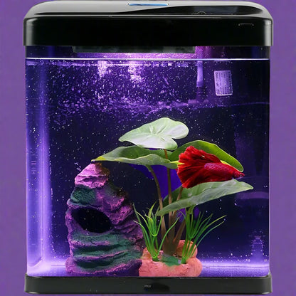 2 Gallon Self-Cleaning Fish Tank Nano Aquarium Starter Kit for Desktop Room Decor with LED Light and Decorations.