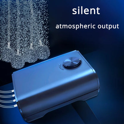 The Silent Aquarium Portable Air Pump is a small device for fish tanks that provides oxygen and creates bubbles in different sizes.