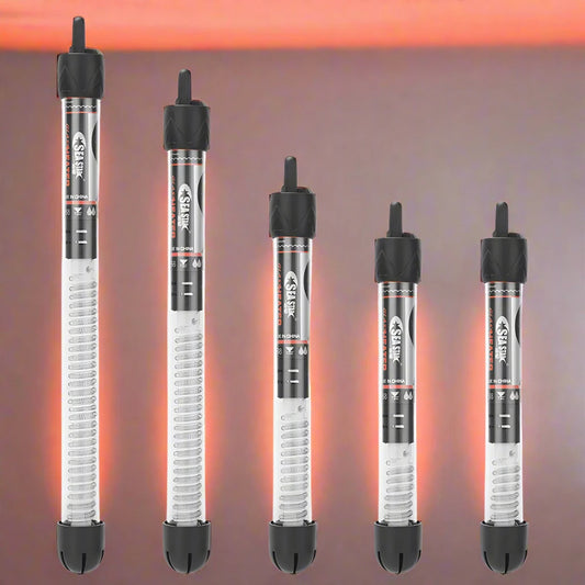 Submersible fish tank heater available in 25W, 50W, 100W, 200W, and 300W. This essential heating rod maintains a constant temperature for your aquarium.