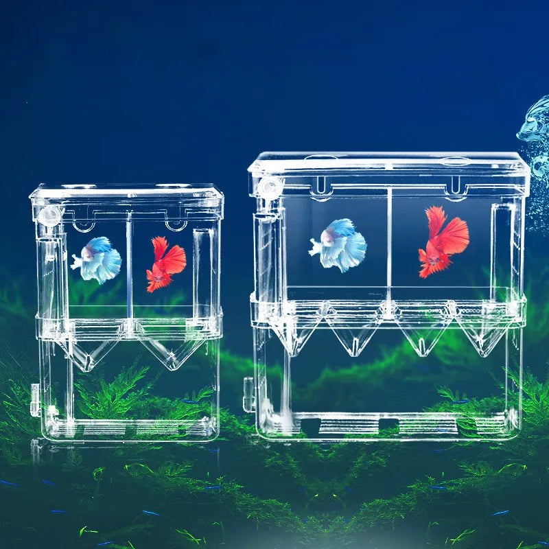 S/L/XL Aquarium Breeder Box for Fish Breeding, Isolation, and Hatchery. Made of acrylic, it features dividers for shrimp, clownfish, aggressive fish, and injured fish.