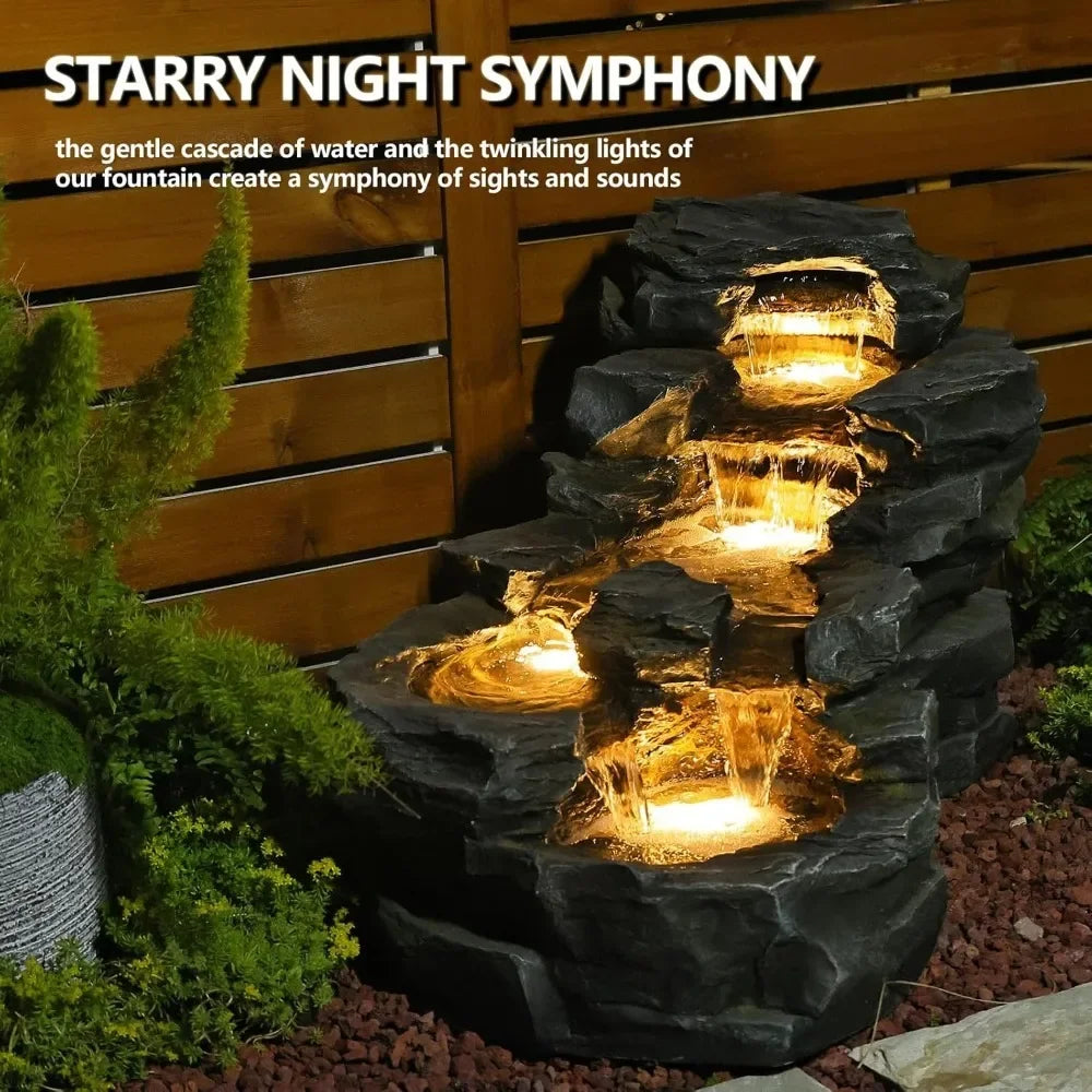 37" Tall Outdoor Garden Water Fountain, Free-Standing Tiered Rock Waterfall with LED Lighting.