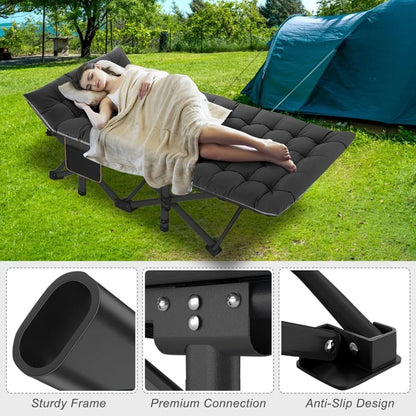 Camping Cot with Mat for Adults, Sturdy Outdoor Bed with Carry Bag, 1200D Oxford Fabric Travel Camp Cot (Black Color).