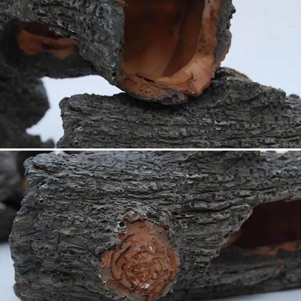 Hollow tree tunnel cave ornament for aquariums, providing hiding spots for shrimp and turtles. Perfect decoration for pools, lakes, ponds, and fish tanks.