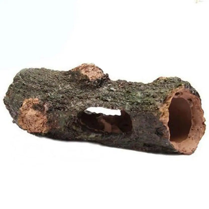 Hollow tree tunnel cave ornament for aquariums, providing hiding spots for shrimp and turtles. Perfect decoration for pools, lakes, ponds, and fish tanks.