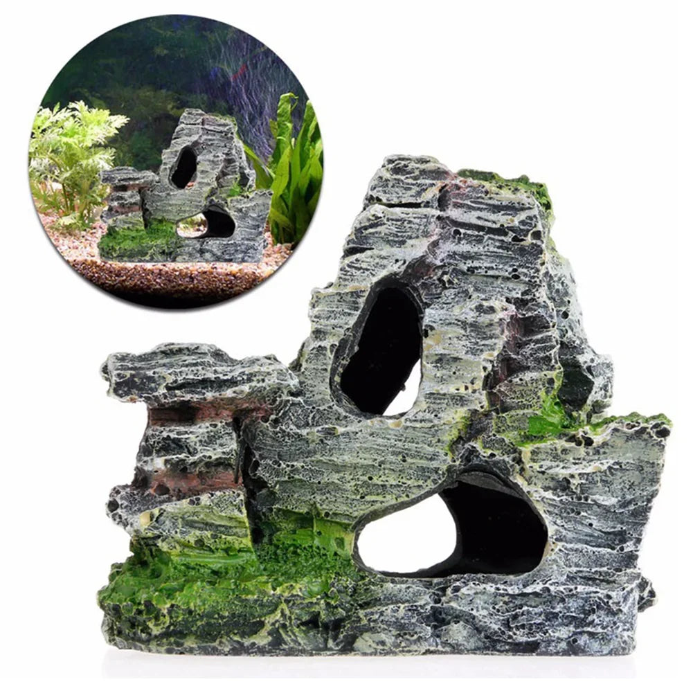 Resin aquarium decoration featuring artificial moss, a cave, and a mountain view, perfect for an underwater fish tank or living room landscaping.