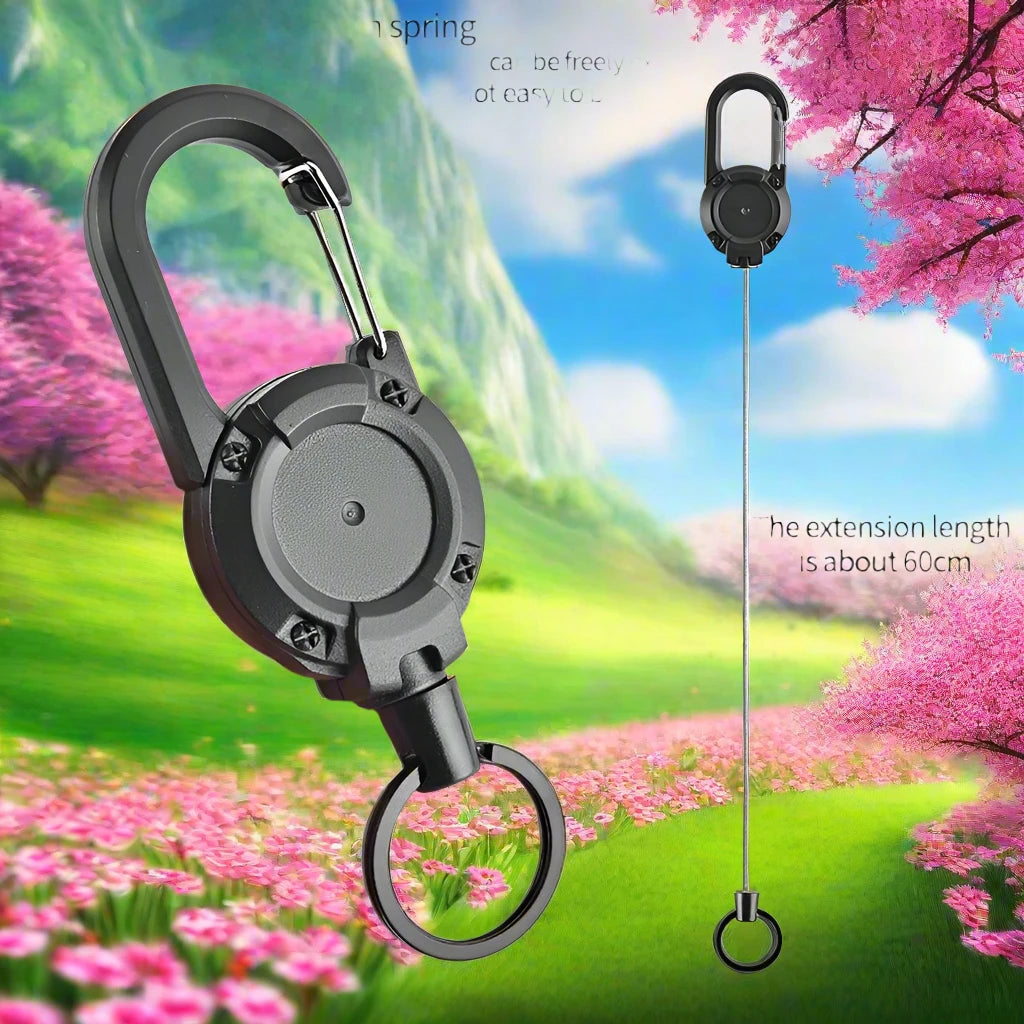 Outdoor automatic retractable keychain with anti-theft wire rope for backpacks. This anti-loss keychain features a spring and is great for camping gear.