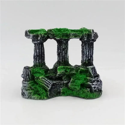 Square aquarium fish tank decoration featuring Rome-style stone pillars made of resin. This retro landscaping piece is designed for fish tanks and comes as one unit.