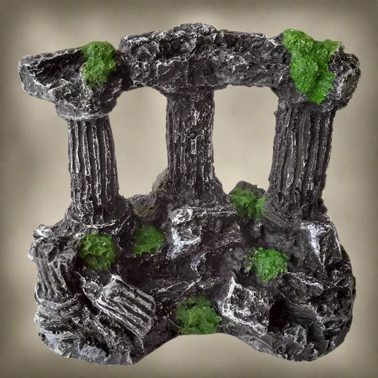 Square aquarium fish tank decoration featuring Rome-style stone pillars made of resin. This retro landscaping piece is designed for fish tanks and comes as one unit.