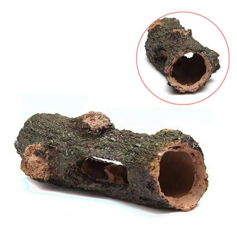 Hollow tree tunnel cave ornament for aquariums, providing hiding spots for shrimp and turtles. Perfect decoration for pools, lakes, ponds, and fish tanks.