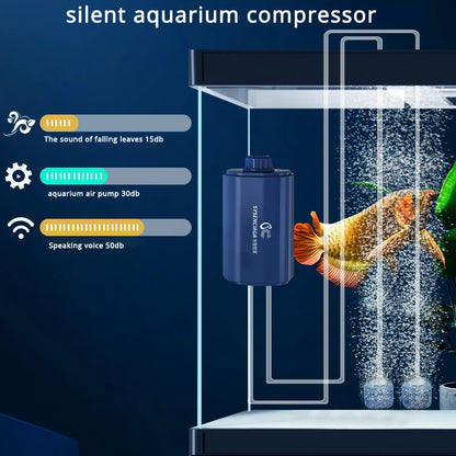 The Silent Aquarium Portable Air Pump is a small device for fish tanks that provides oxygen and creates bubbles in different sizes.