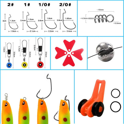 187-piece fishing tools accessory kit that includes fishing hooks, sinker weights, and a tackle box.