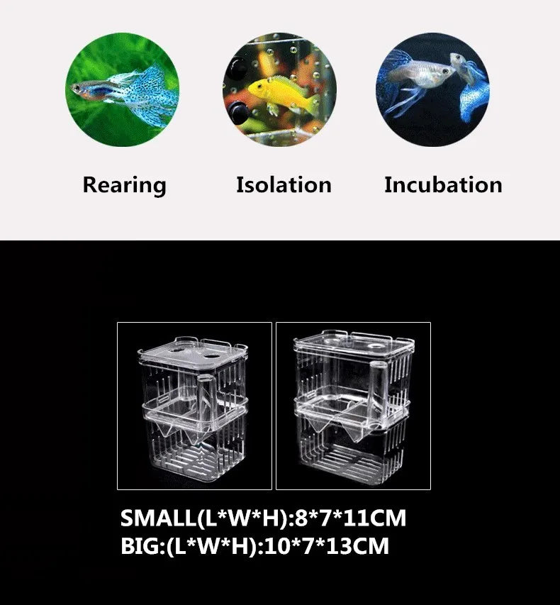 S/L/XL Aquarium Breeder Box for Fish Breeding, Isolation, and Hatchery. Made of acrylic, it features dividers for shrimp, clownfish, aggressive fish, and injured fish.