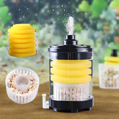 Fish tank waste collector with suction filter, sponge media, and oxygen-boosting balls for aquarium use.