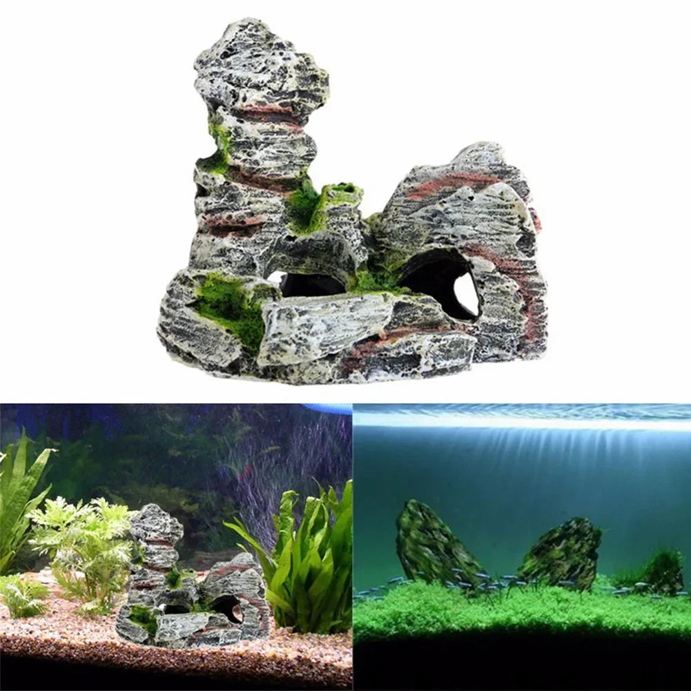 Resin aquarium decoration featuring artificial moss, a cave, and a mountain view, perfect for an underwater fish tank or living room landscaping.