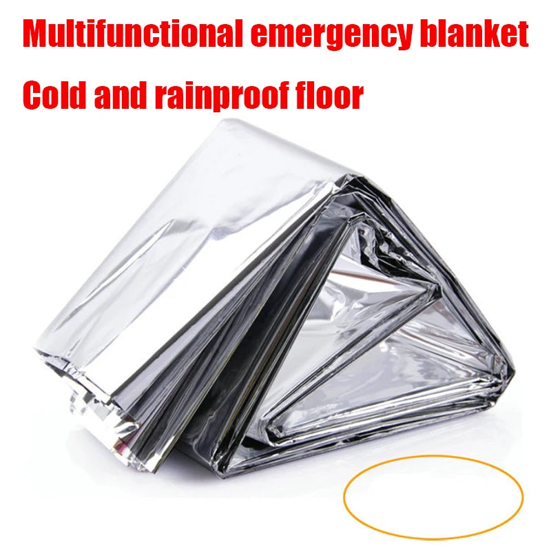 Outdoor Emergency Survival First Aid Rescue Kit featuring a Windproof, Waterproof Thermal Foil Blanket ideal for Camping and Hiking.