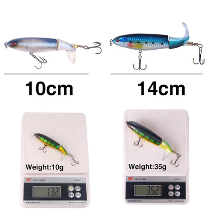 10cm/14cm Topwater Fishing Lure Whopper Popper, a hard bait with a soft rotating tail, perfect for fishing tackle and bait.