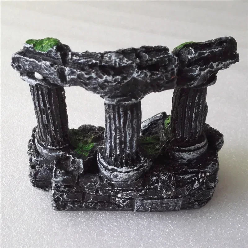 Square aquarium fish tank decoration featuring Rome-style stone pillars made of resin. This retro landscaping piece is designed for fish tanks and comes as one unit.