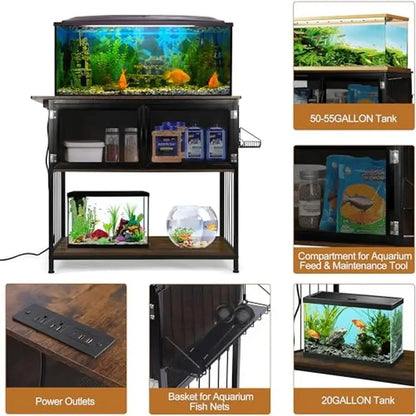 Sturdy 55 Gallon Aquarium Stand with Power Outlets, Large Storage Space, and 800lbs Weight Limit made of Carbon Steel.