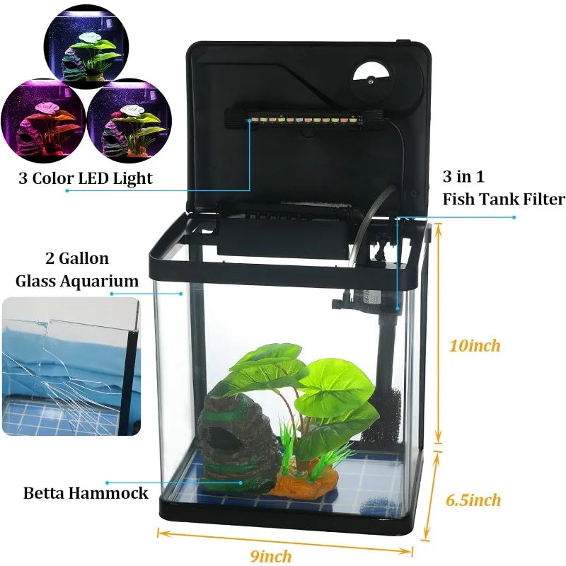 2 Gallon Self-Cleaning Fish Tank Nano Aquarium Starter Kit for Desktop Room Decor with LED Light and Decorations.