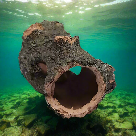 Hollow tree tunnel cave ornament for aquariums, providing hiding spots for shrimp and turtles. Perfect decoration for pools, lakes, ponds, and fish tanks.