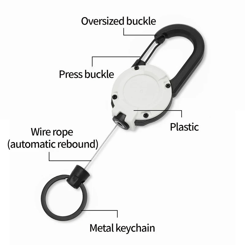 Outdoor automatic retractable keychain with anti-theft wire rope for backpacks. This anti-loss keychain features a spring and is great for camping gear.