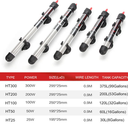 Adjustable Temperature Thermostat Heater Rod for Aquariums, available in 25W, 50W, 100W, 200W, and 300W, works with 110V-220V for heating water.