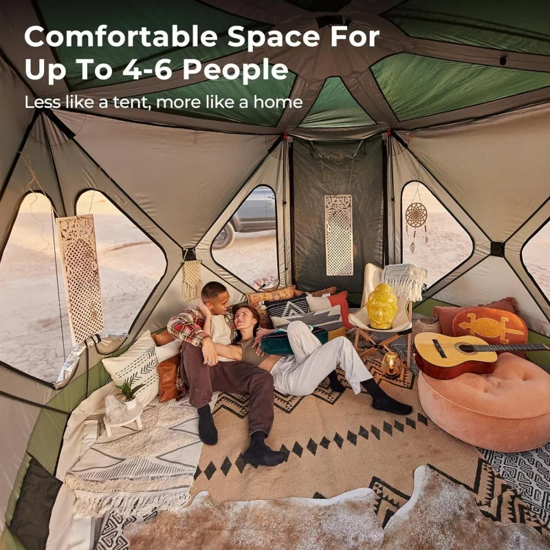 Large Space Camping Tent XL for 4-6 people, featuring a height of 6'10'', 2 doors, and 8 windows.