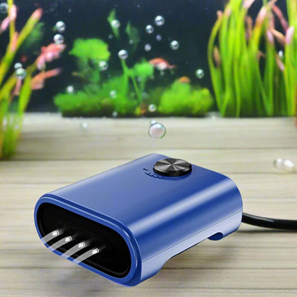 The Silent Aquarium Portable Air Pump is a small device for fish tanks that provides oxygen and creates bubbles in different sizes.